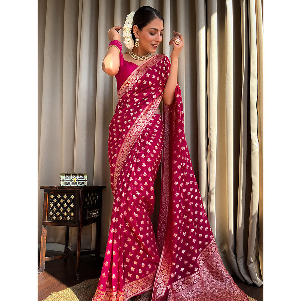 ZILIKAA Queen Pink Banarasi Khaddi Weaved Georgette Saree with Unstitched Blouse