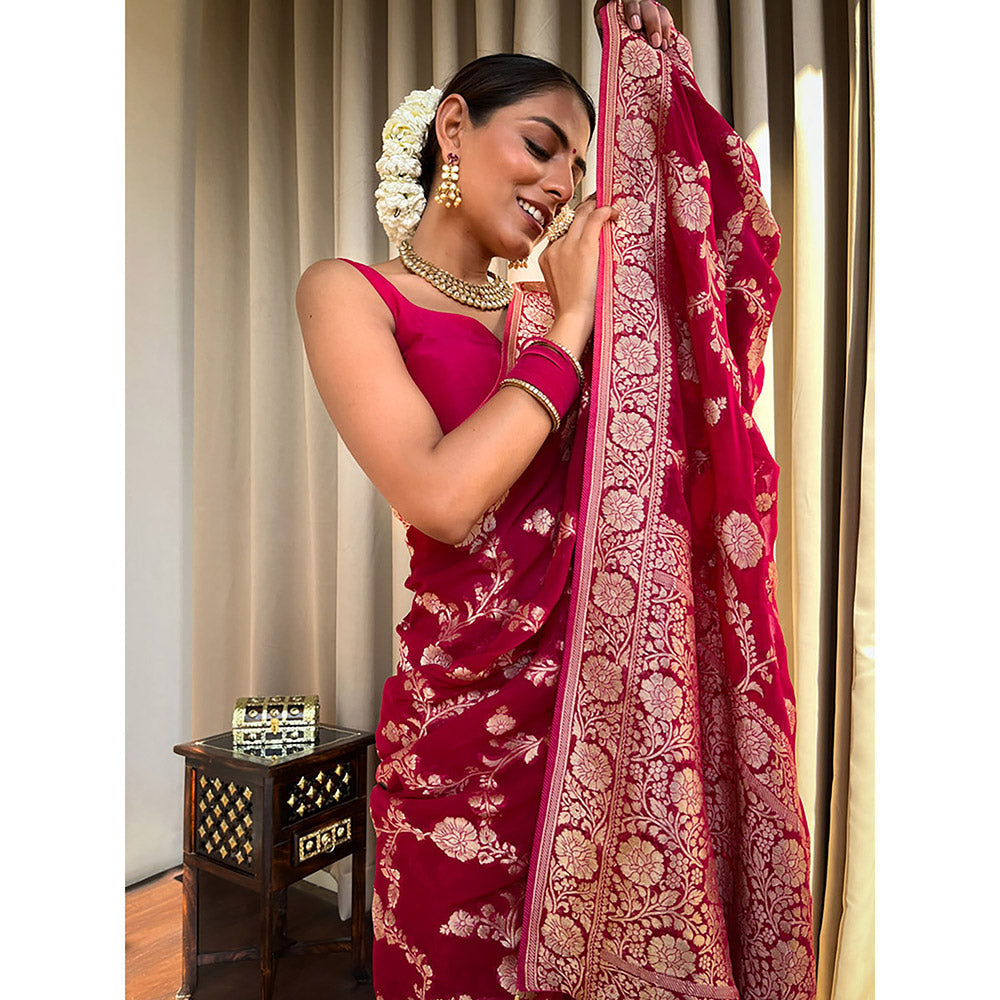 ZILIKAA Queen Pink Banarasi Khaddi Weaved Georgette Saree with Unstitched Blouse