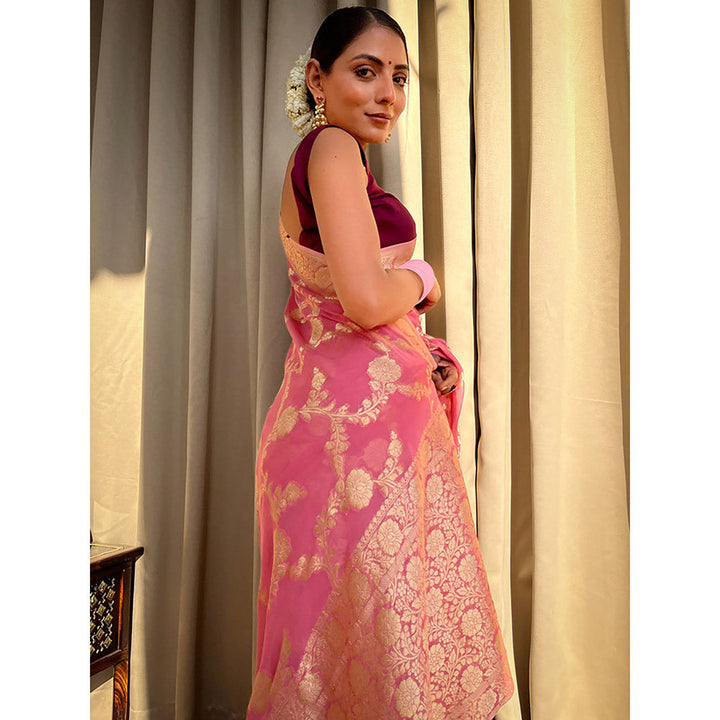 ZILIKAA Onion Pink Banarasi Khaddi Weaved Georgette Saree with Unstitched Blouse