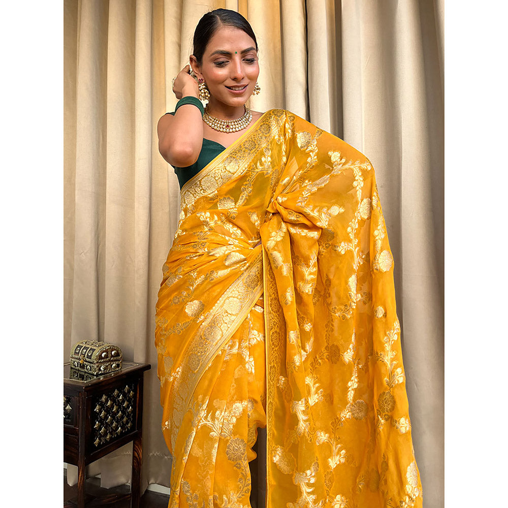 ZILIKAA Mustard Yellow Banarasi Khaddi Weaved Georgette Saree with Unstitched Booti Border Blouse
