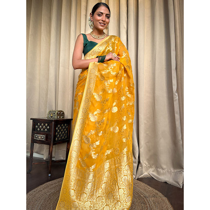 ZILIKAA Mustard Yellow Banarasi Khaddi Weaved Georgette Saree with Unstitched Booti Border Blouse