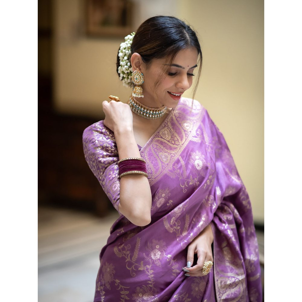 ZILIKAA Royal Lavender Banarasi Uppada Silk Saree with Unstitched Blouse
