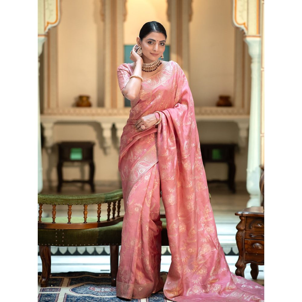 ZILIKAA Orchid Pink Banarasi Uppada Silk Saree with Unstitched Blouse