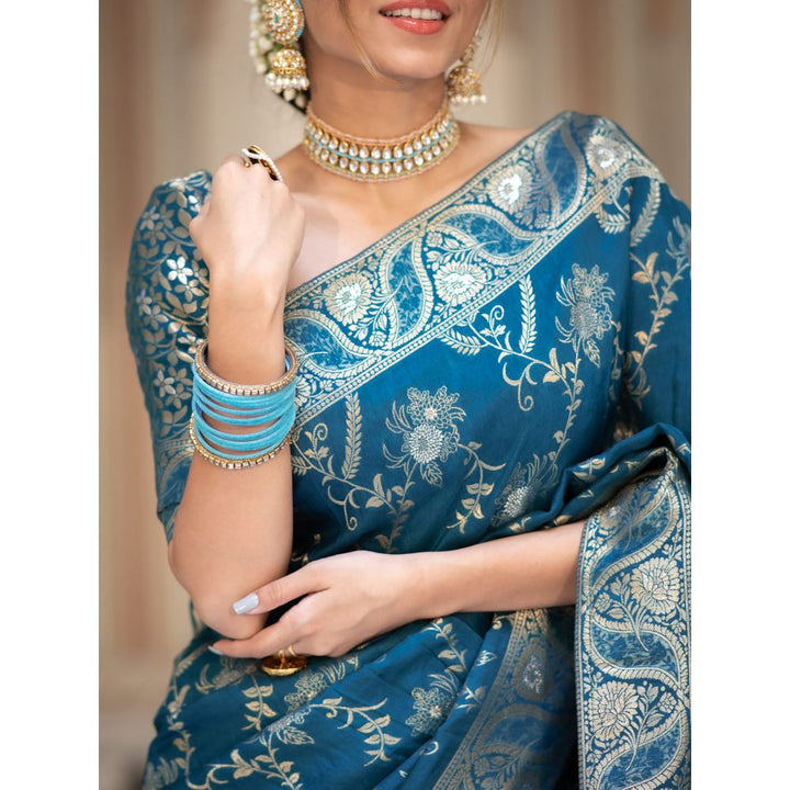 ZILIKAA Teal Blue Banarasi Uppada Silk Saree with Unstitched Blouse