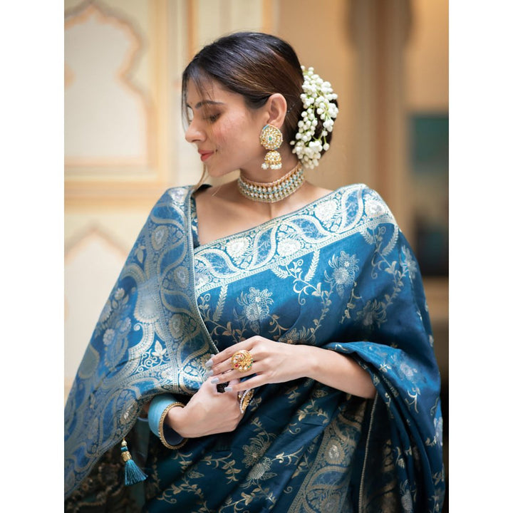 ZILIKAA Teal Blue Banarasi Uppada Silk Saree with Unstitched Blouse