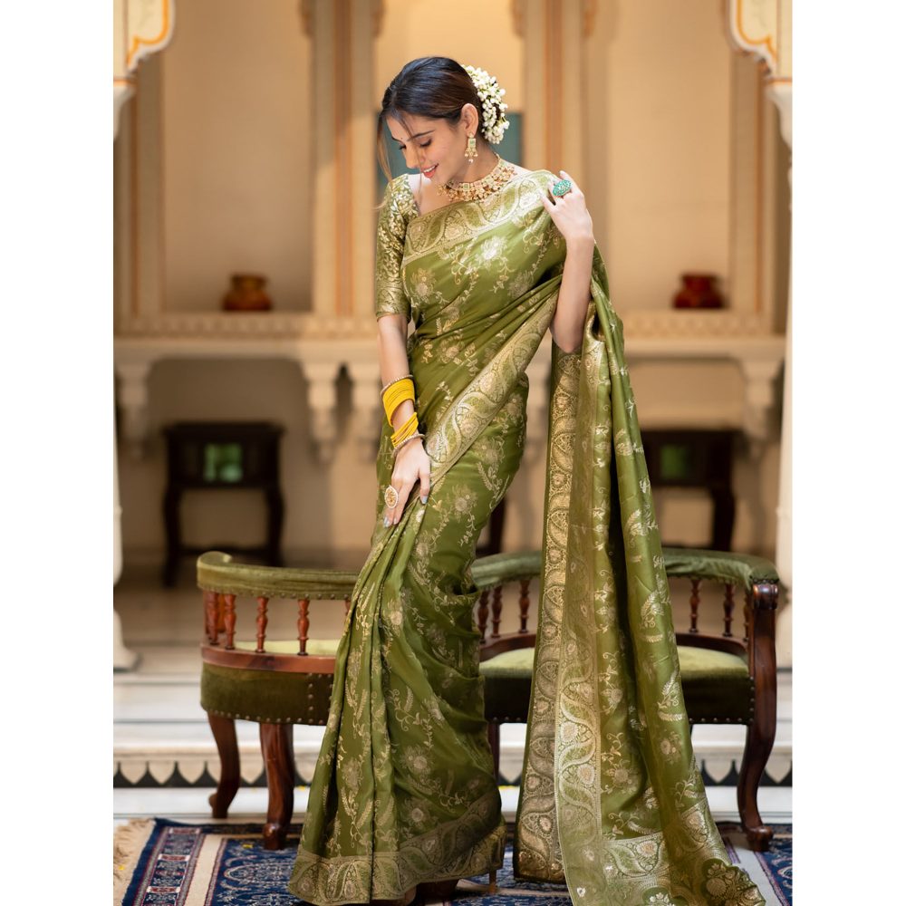 ZILIKAA Mehendi Green Banarasi Uppada Silk Saree with Unstitched Blouse