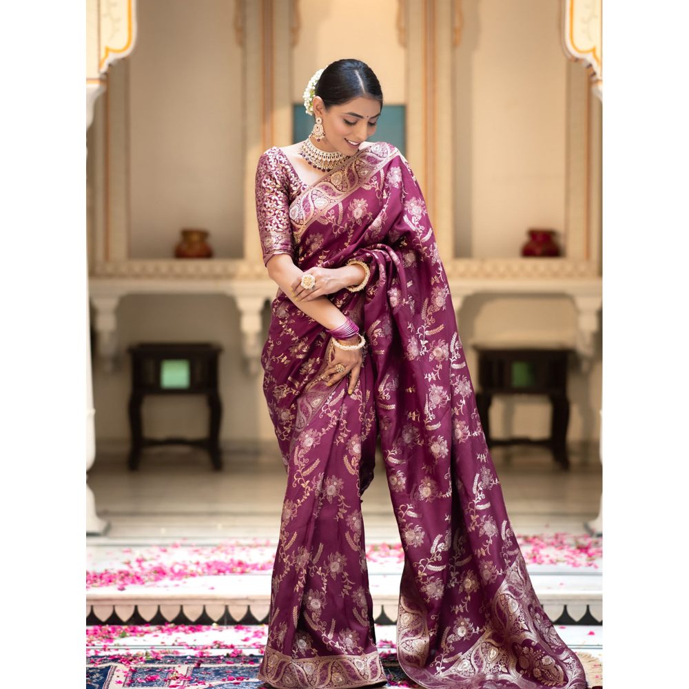 ZILIKAA Plum Purple Banarasi Uppada Silk Saree with Unstitched Blouse