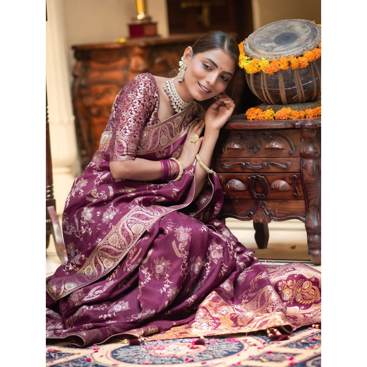 ZILIKAA Plum Purple Banarasi Uppada Silk Saree with Unstitched Blouse