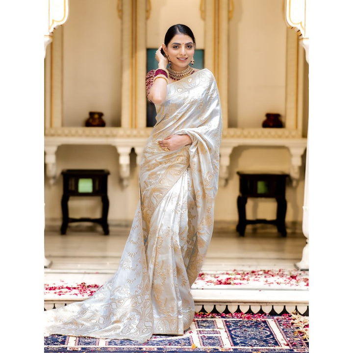 ZILIKAA Pearl White Banarasi Uppada Silk Saree with Unstitched Blouse