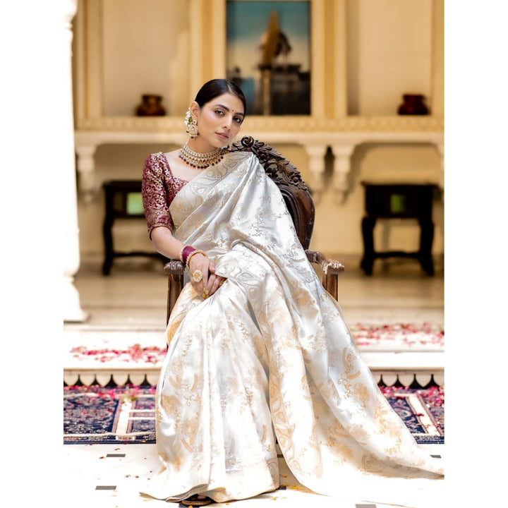 ZILIKAA Pearl White Banarasi Uppada Silk Saree with Unstitched Blouse
