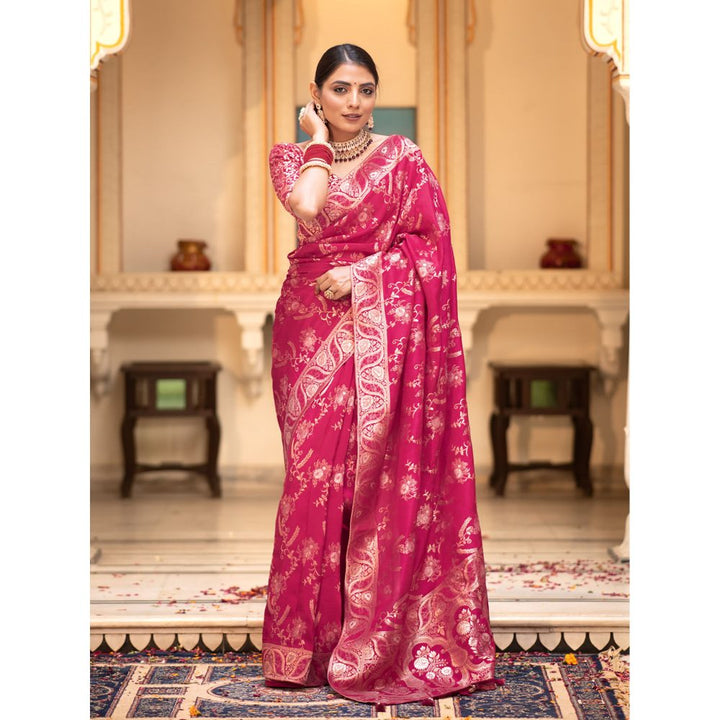 ZILIKAA Queen Magenta Pink Banarasi Uppada Silk Saree with Unstitched Blouse