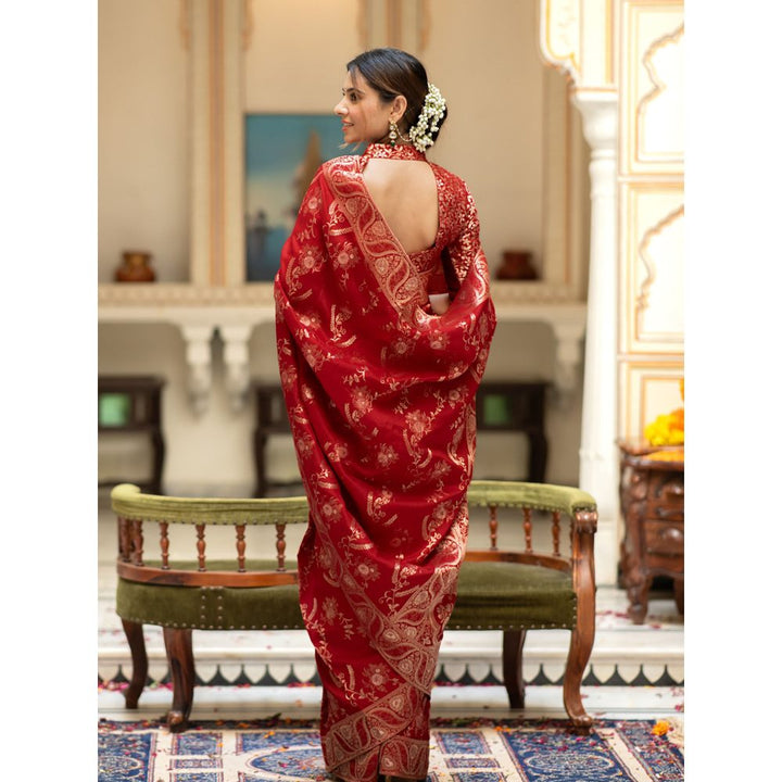 ZILIKAA Scarlet Red Banarasi Uppada Silk Saree with Unstitched Blouse
