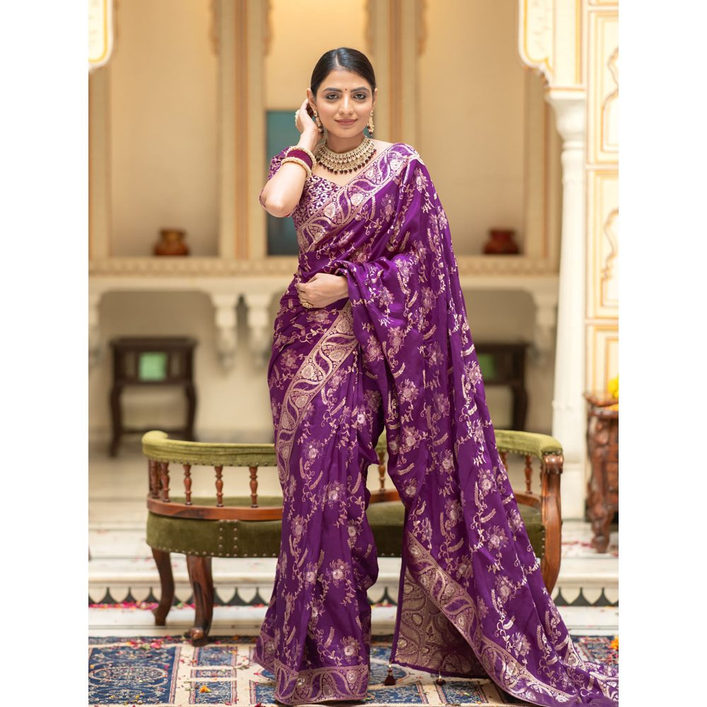 ZILIKAA Berry Purple Banarasi Uppada Silk Saree with Unstitched Blouse