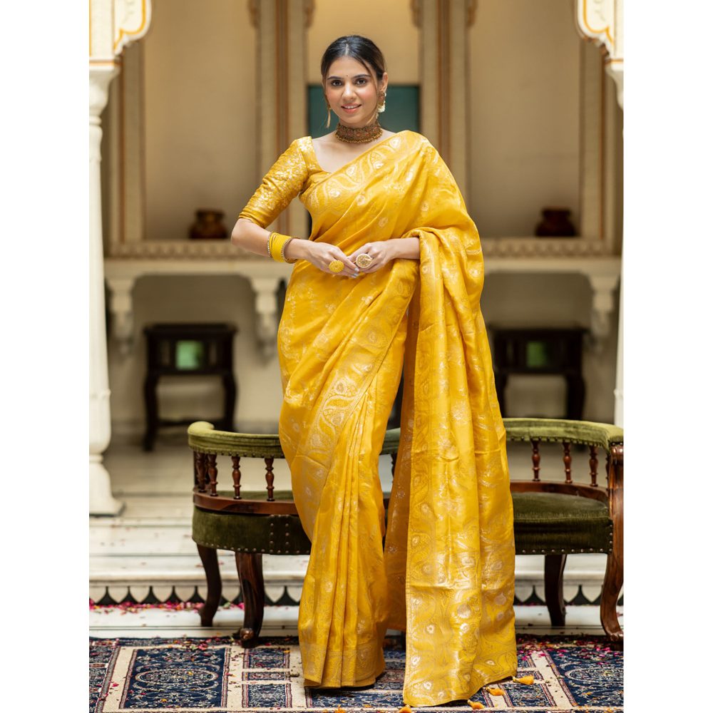 ZILIKAA Mustard Yellow Banarasi Uppada Silk Saree with Unstitched Blouse