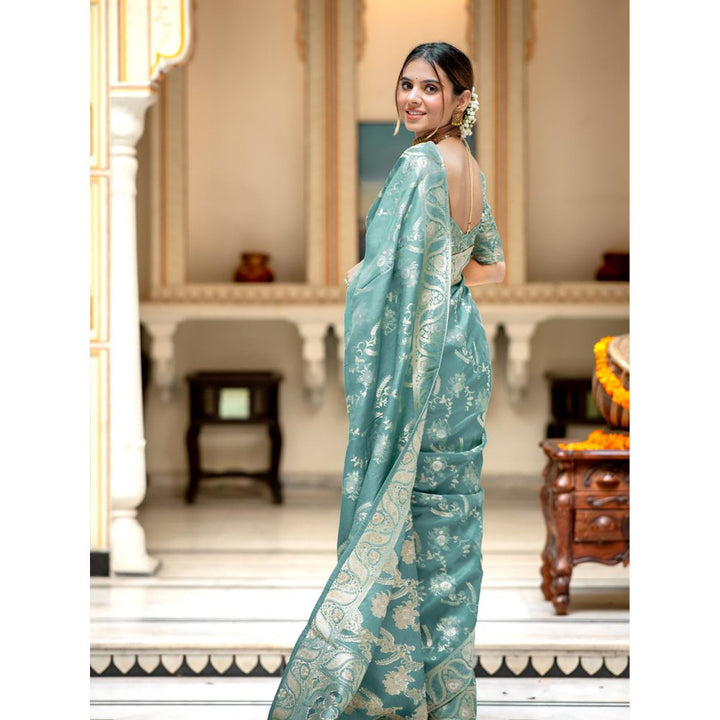 ZILIKAA Turquoise Blue Banarasi Uppada Silk Saree with Unstitched Blouse