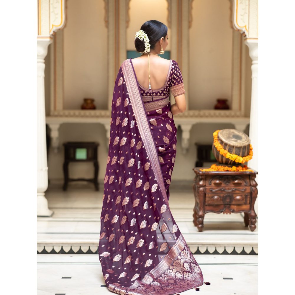 ZILIKAA Plum Purple Banarasi Khadi Weaved Georgette Saree with Unstitched Blouse