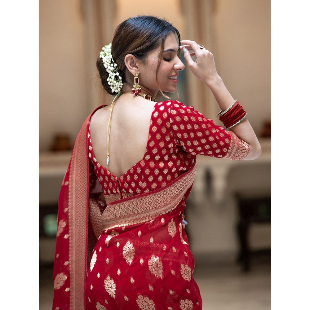 ZILIKAA Scarlet Red Banarasi Khadi Weaved Georgette Saree with Unstitched Blouse