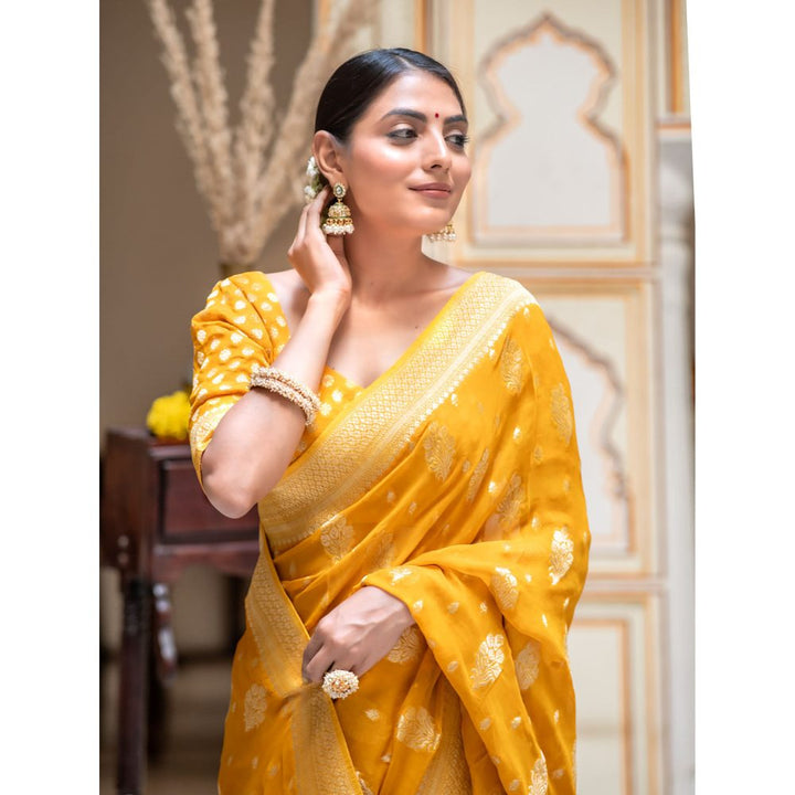 ZILIKAA Mustard Yellow Banarasi Khadi Weaved Georgette Saree with Unstitched Blouse