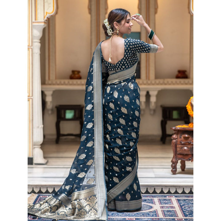 ZILIKAA Midnight Blue Banarasi Khadi Weaved Georgette Saree with Unstitched Blouse