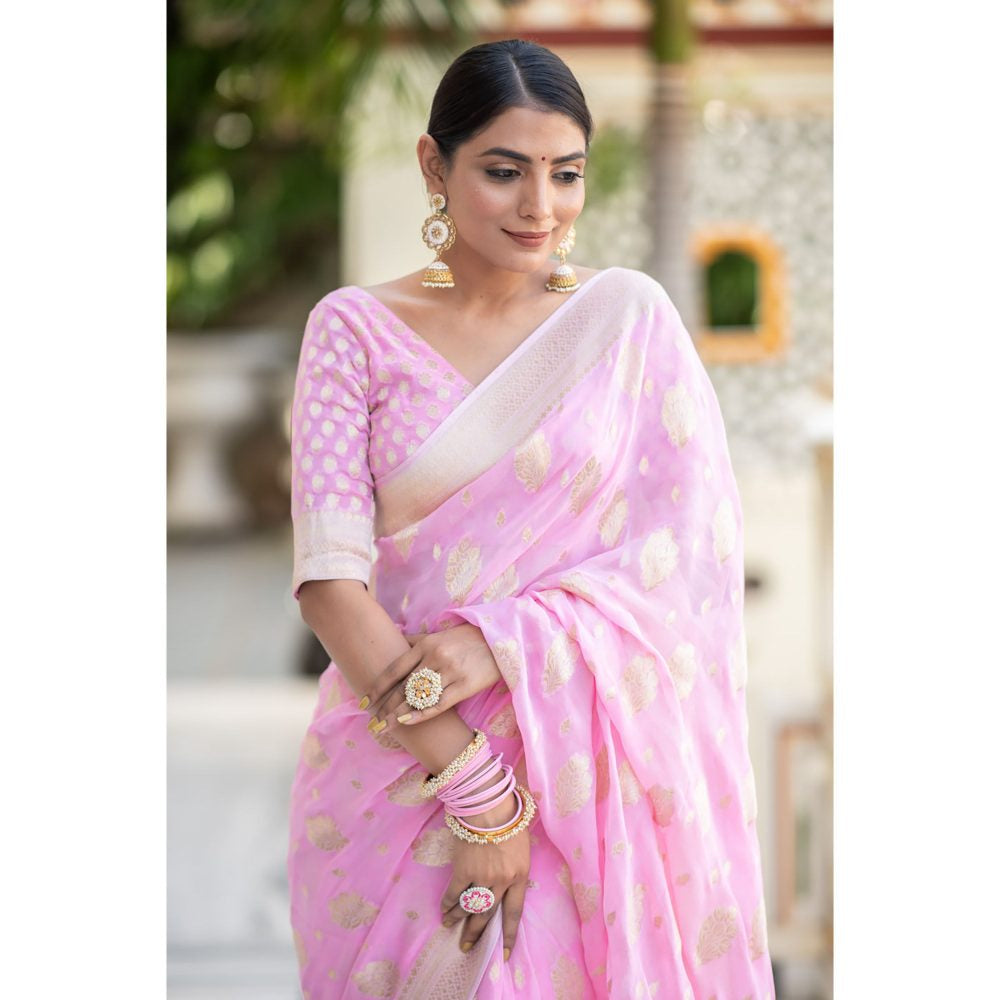 ZILIKAA Baby Pink Banarasi Khadi Weaved Georgette Saree with Unstitched Blouse