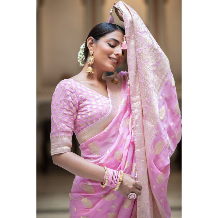 ZILIKAA Baby Pink Banarasi Khadi Weaved Georgette Saree with Unstitched Blouse