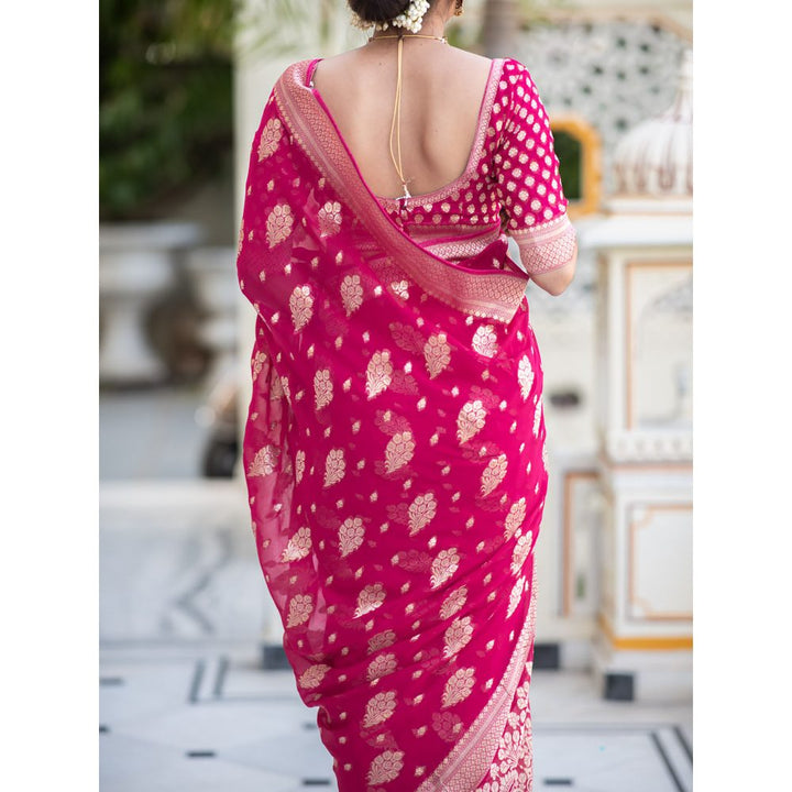 ZILIKAA Queen Pink Banarasi Khadi Georgette Saree with Unstitched Blouse