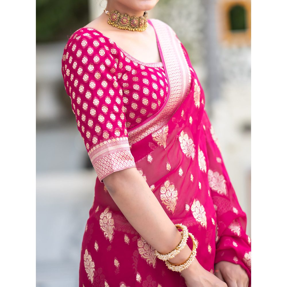 ZILIKAA Queen Pink Banarasi Khadi Georgette Saree with Unstitched Blouse