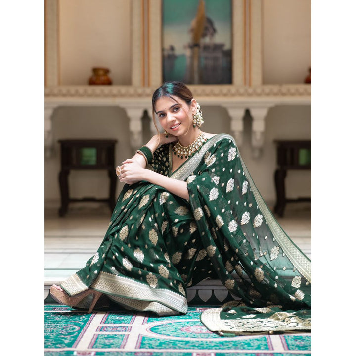 ZILIKAA Bottle Green Banarasi Khadi Weaved Georgette Saree with Unstitched Blouse