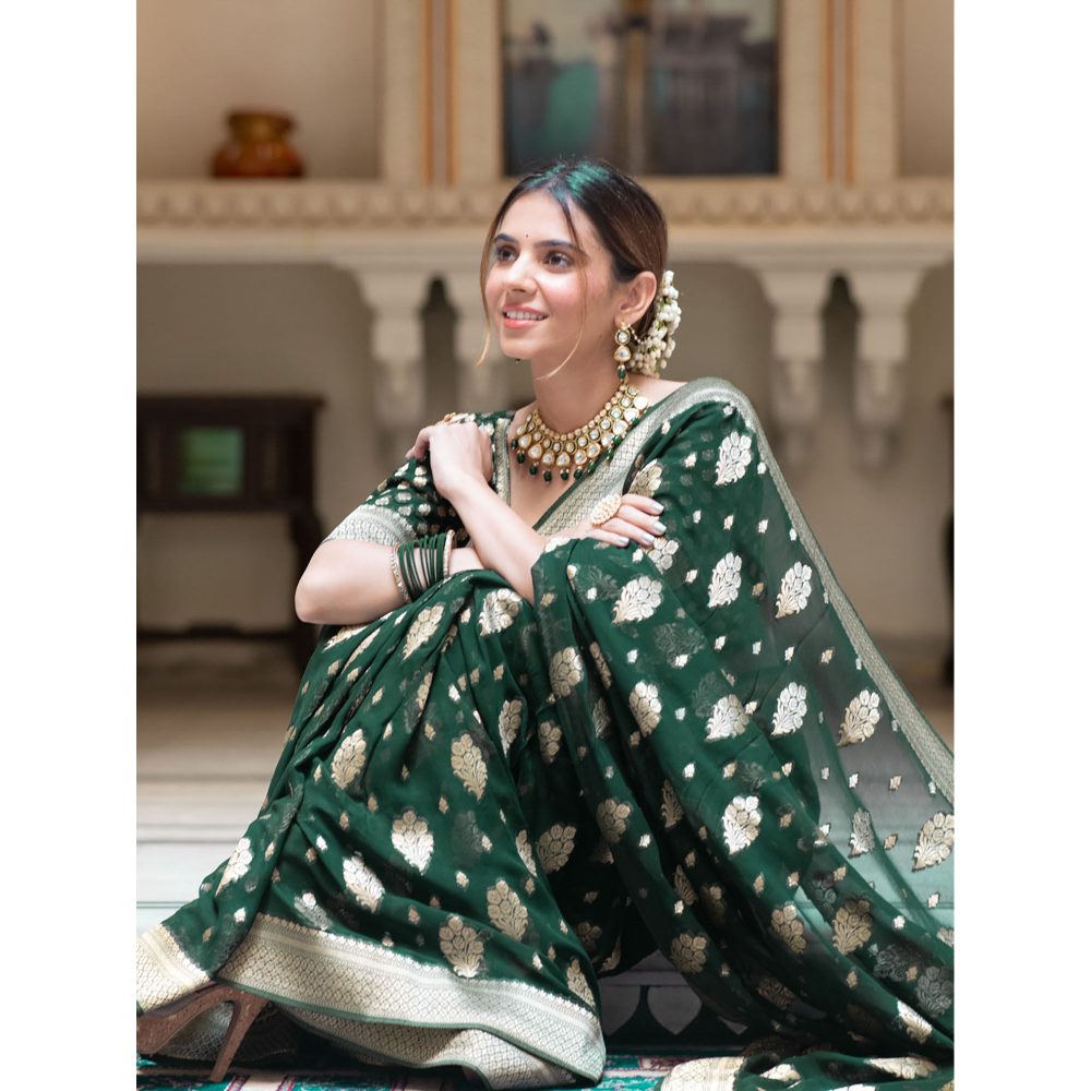 ZILIKAA Bottle Green Banarasi Khadi Weaved Georgette Saree with Unstitched Blouse