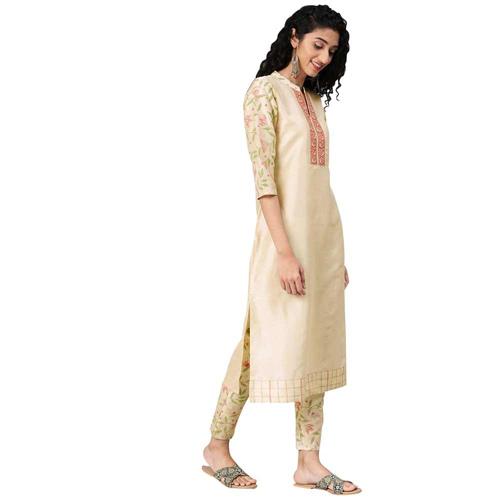 Ziyaa Women's Off White Solid Straight Kurta With Pant (Set of 2)