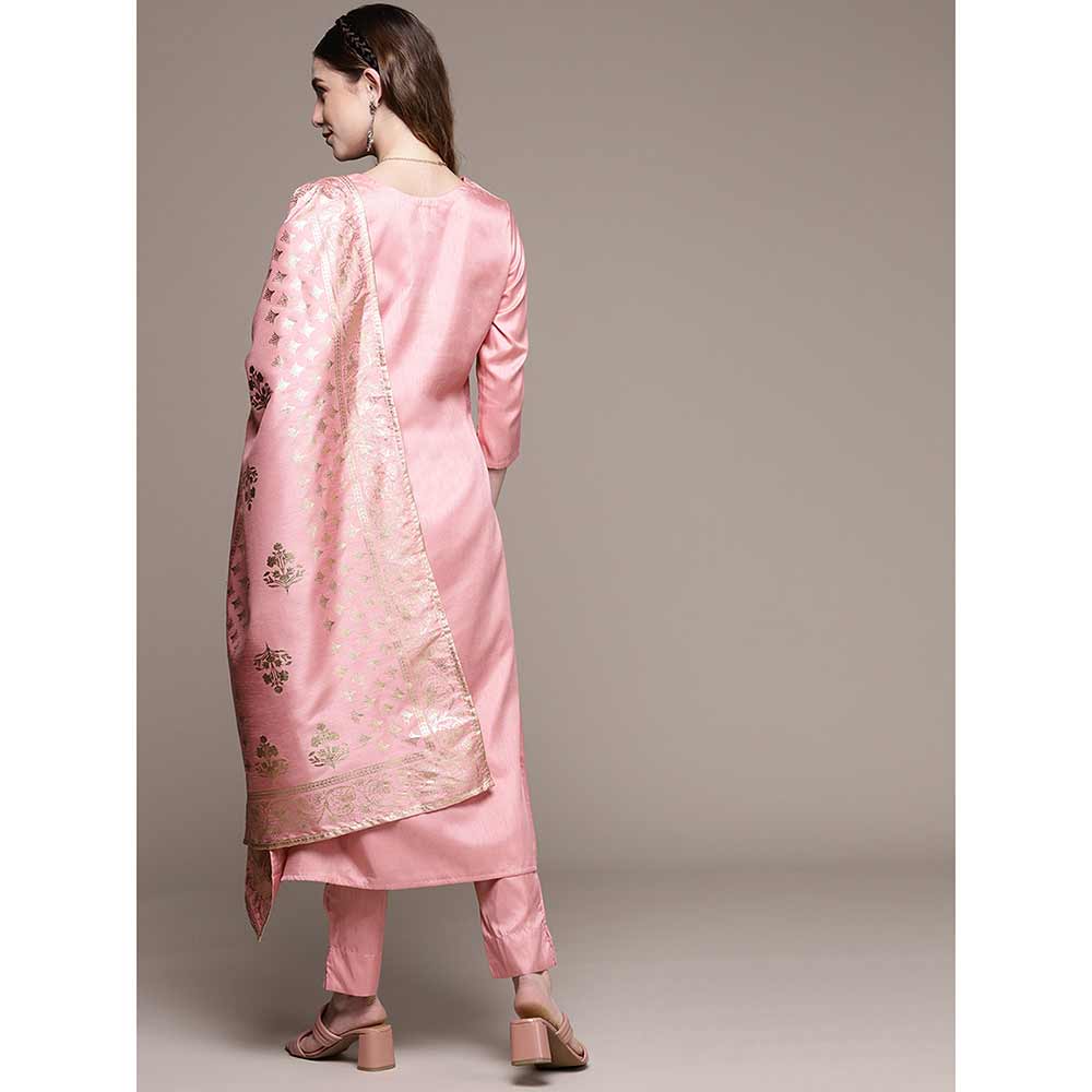 Ziyaa Women's Light Pink Poly Silk Kurta Pant and Dupatta (Set of 3)