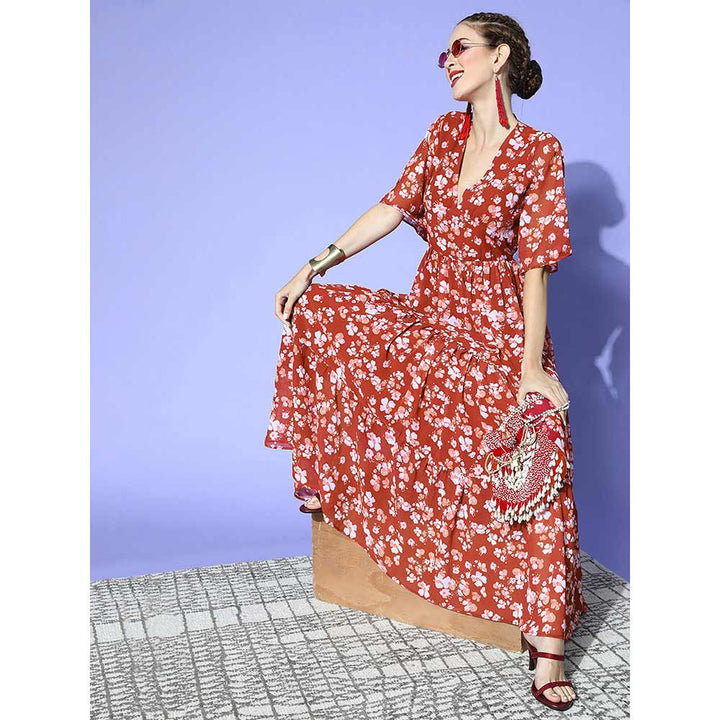 Ziyaa Women Gorgeous Red Floral Fit and Flare Dress