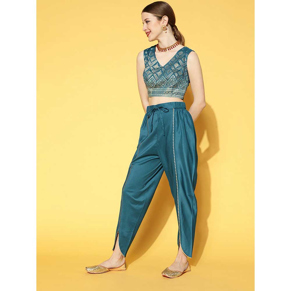 Ziyaa Women Teal Green Blue Printed Top with Dhoti Pants Shrug Co-Ord (Set of 3)