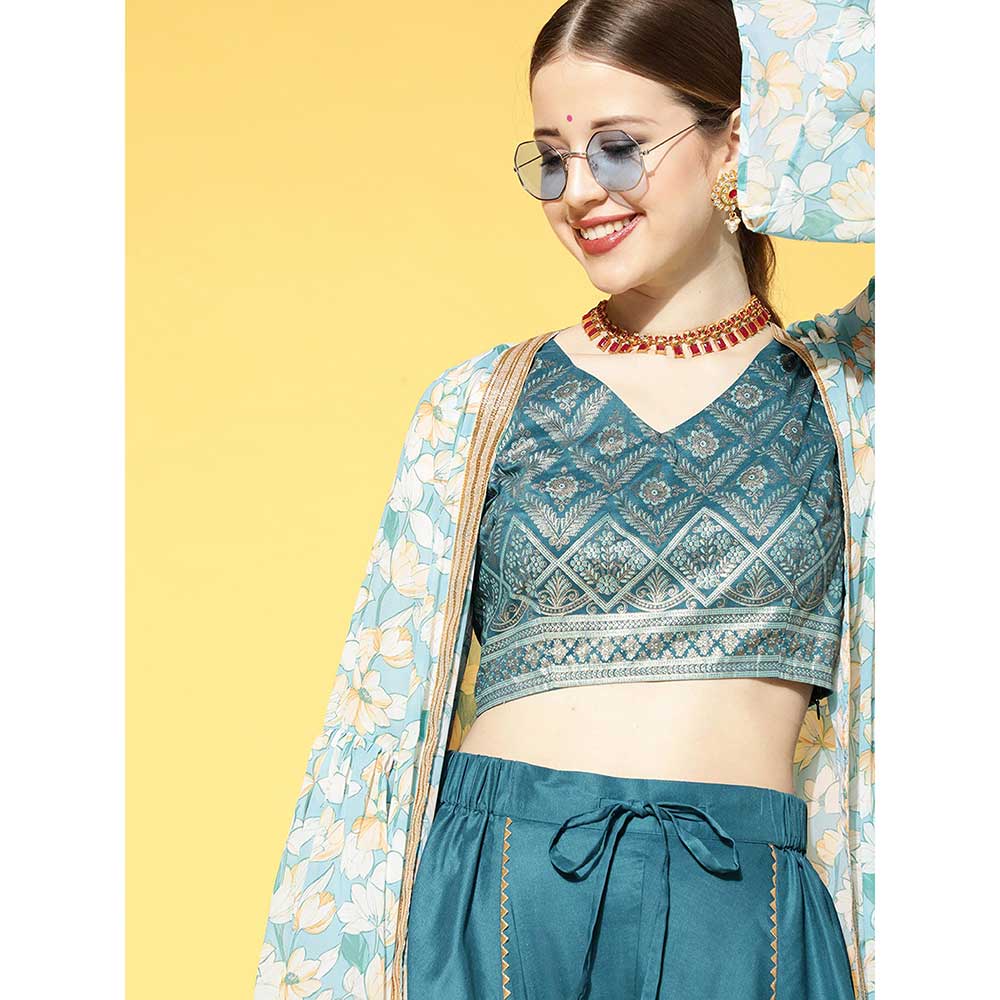 Ziyaa Women Teal Green Blue Printed Top with Dhoti Pants Shrug Co-Ord (Set of 3)