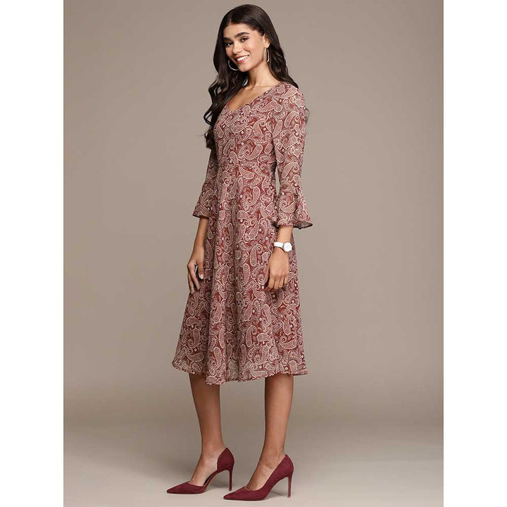 Ziyaa Womens Maroon Georgette Fit and Flare Dress