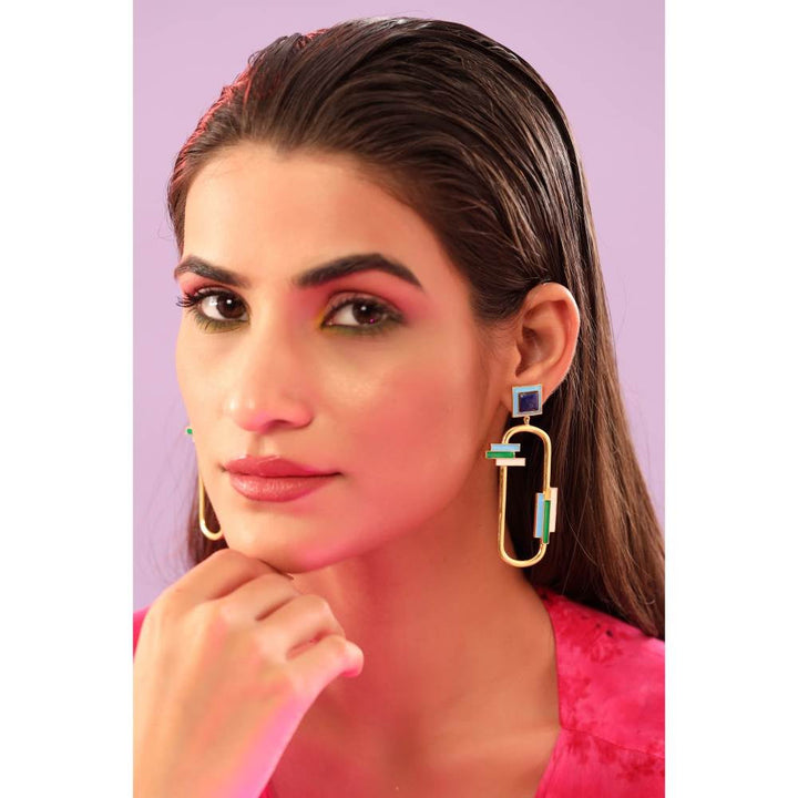 Zurooh 18K Gold Plated Lock Shape Earring With Multi Color Enamel
