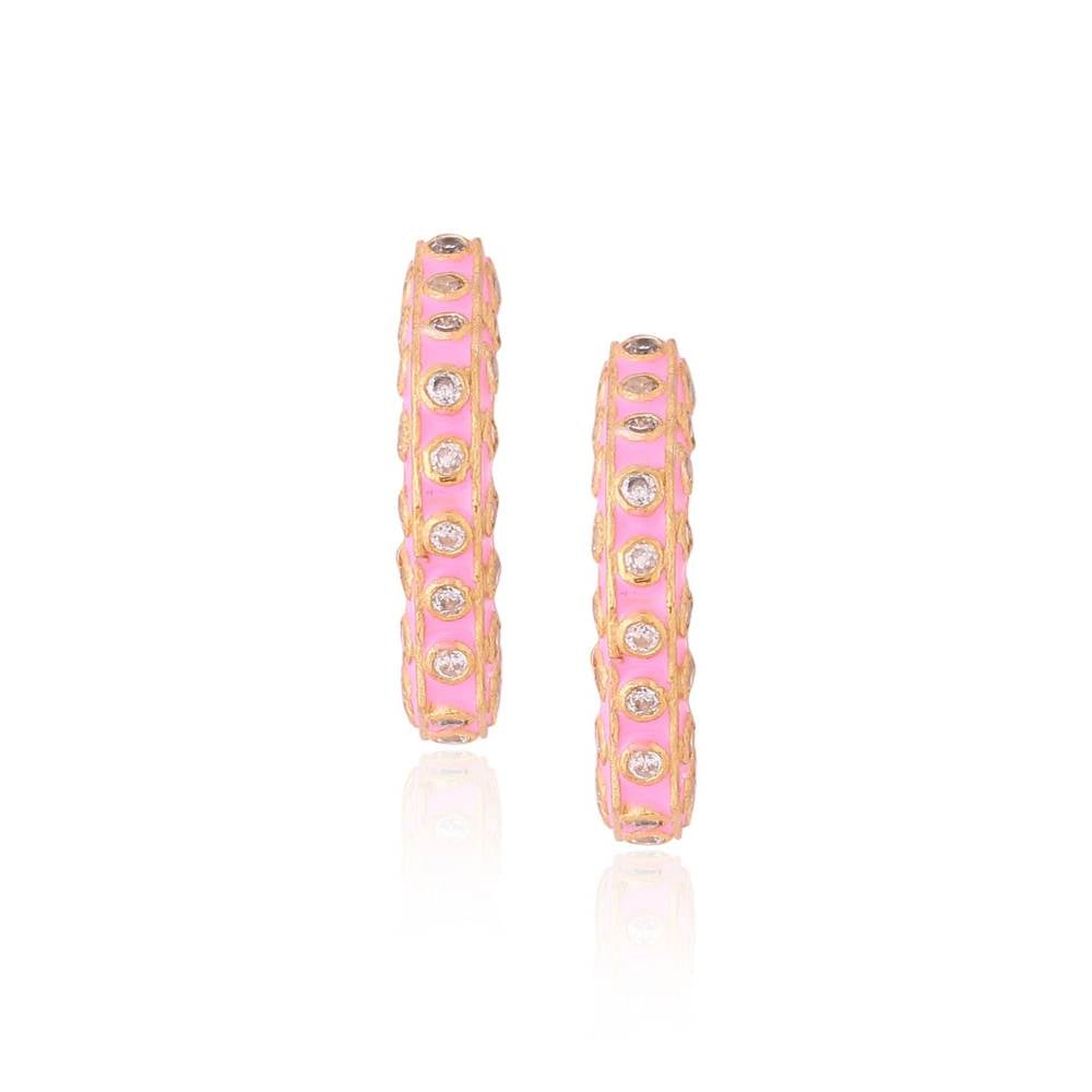 Zurooh Designer Pink Enamel Hoops Studded With Zirconia