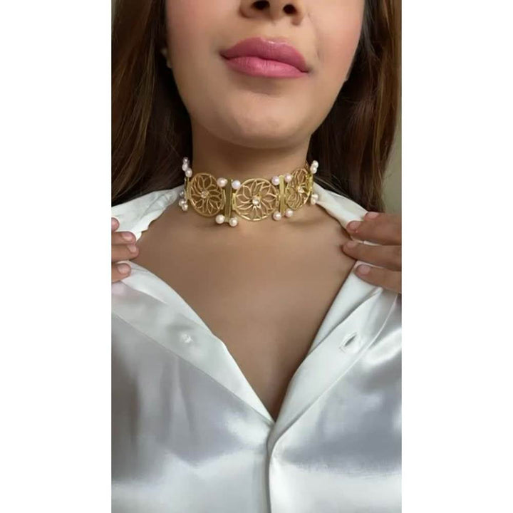 Zurooh 18K Gold Plated Floral Pearl and Polki Choker