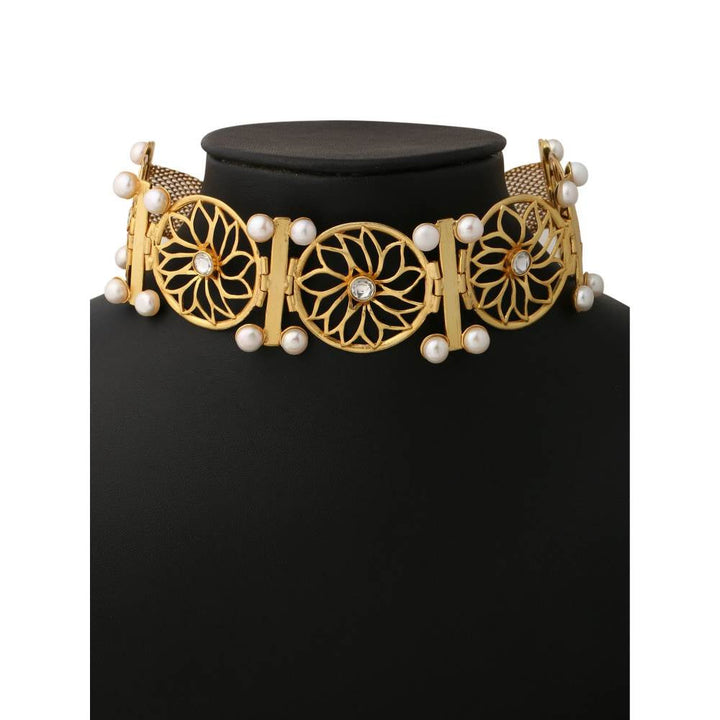 Zurooh 18K Gold Plated Floral Pearl and Polki Choker