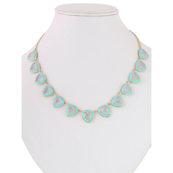 Zurooh 18K Gold Plated Trillion Shaped Moonstone Necklace with Turquoise Enamel Detailing