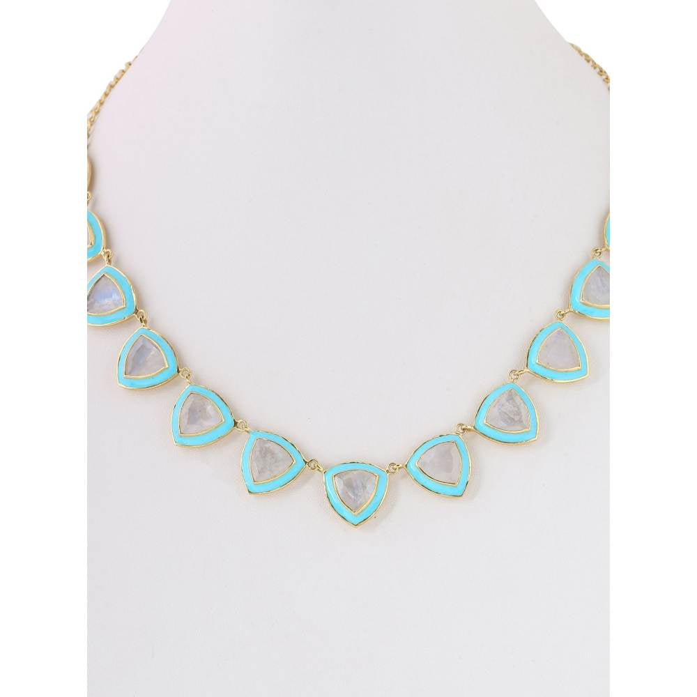 Zurooh 18K Gold Plated Trillion Shaped Moonstone Necklace with Turquoise Enamel Detailing
