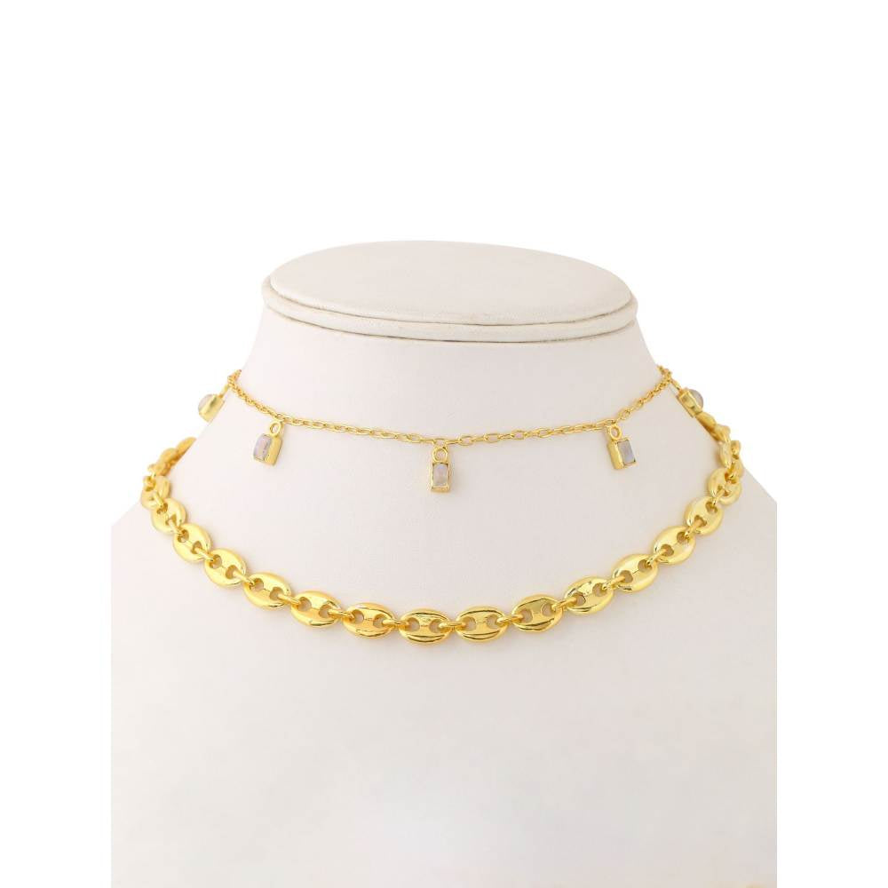 Zurooh 18K Gold Plated Moonstone and Shell Link Chain Layering Set
