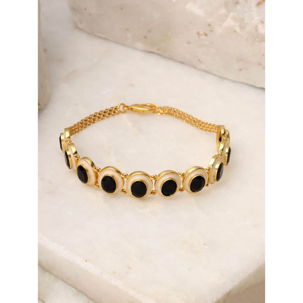 Zurooh 18K Gold Plated Black Onyx Link Bracelet with Enamel Details