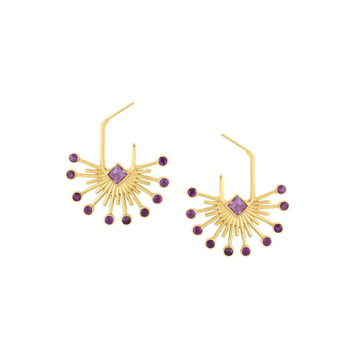 Zurooh 18K Gold Plated Sunburst Hoops Studded with Natural Amethyst Stone
