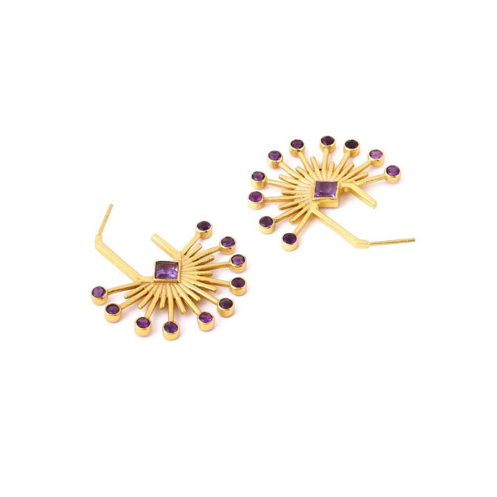 Zurooh 18K Gold Plated Sunburst Hoops Studded with Natural Amethyst Stone