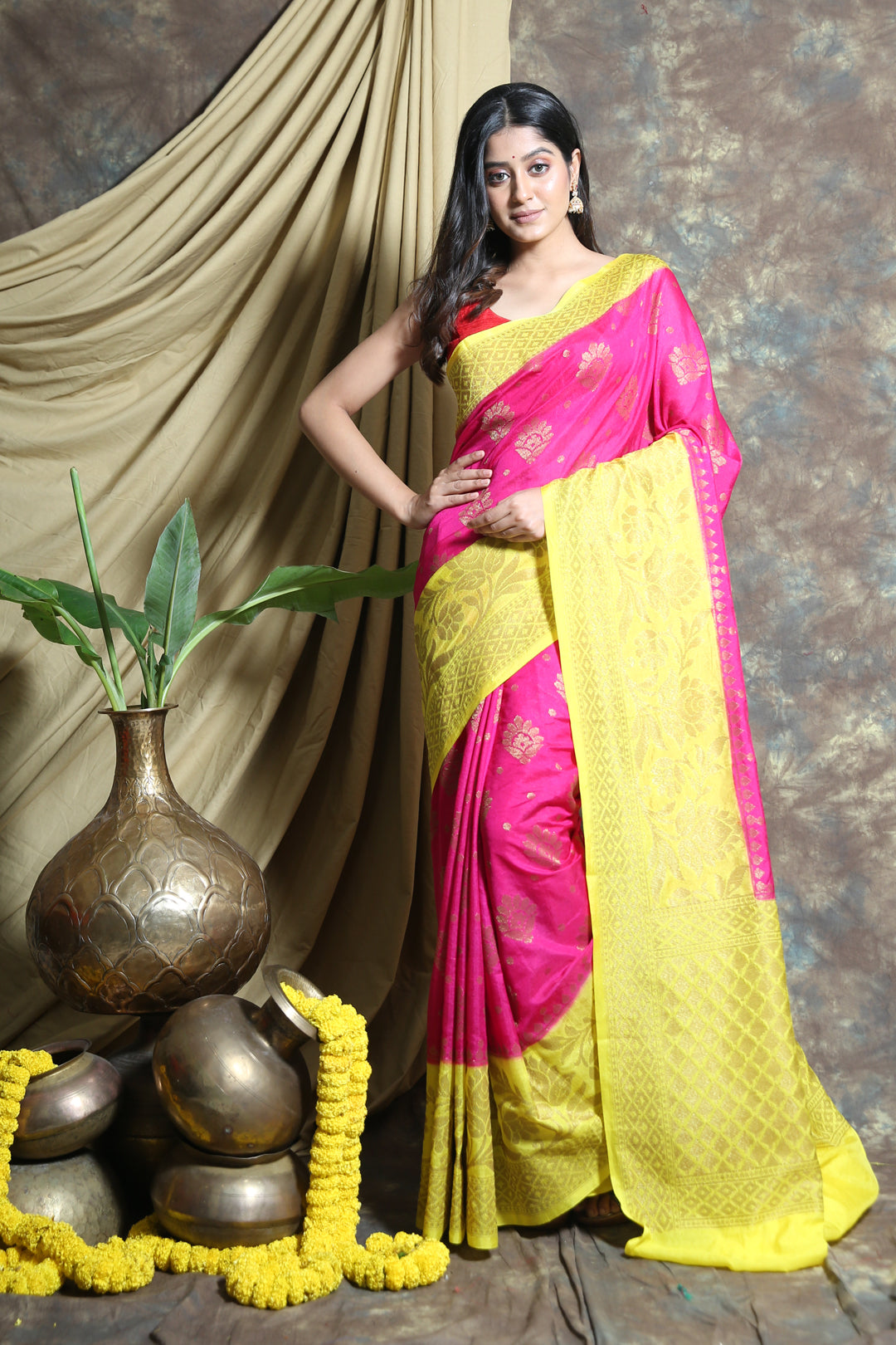 Pink Dupion Silk Saree With Floral Zari Weaving freeshipping - Charukriti