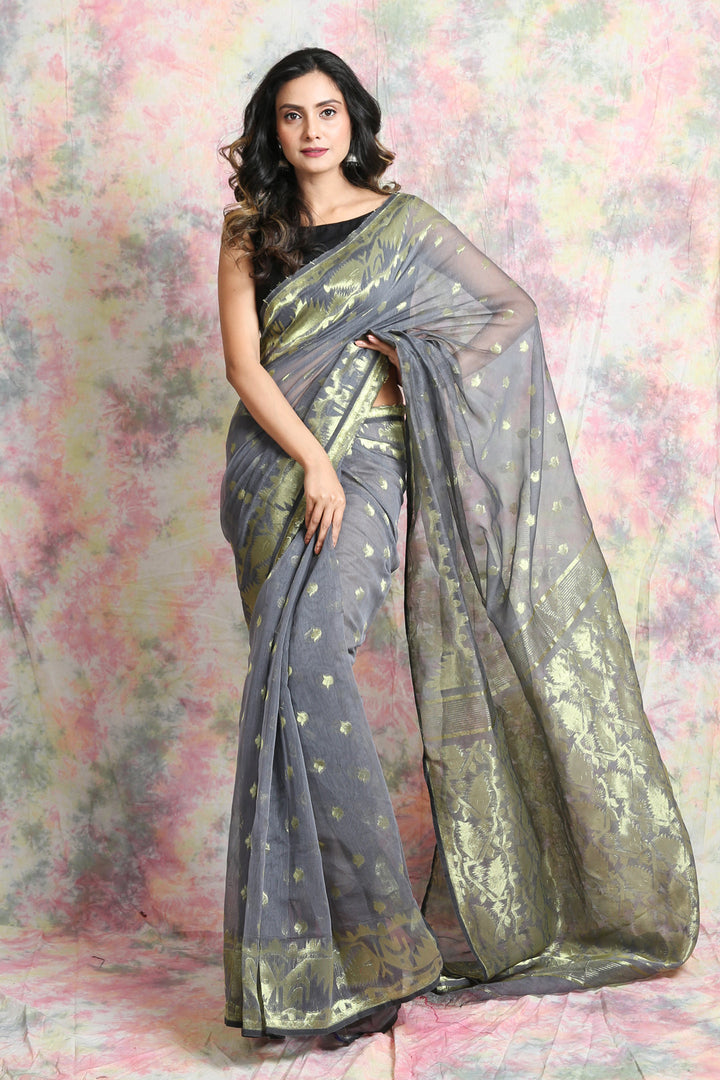 Steel Grey Allover Butta Jamdani Saree freeshipping - Charukriti