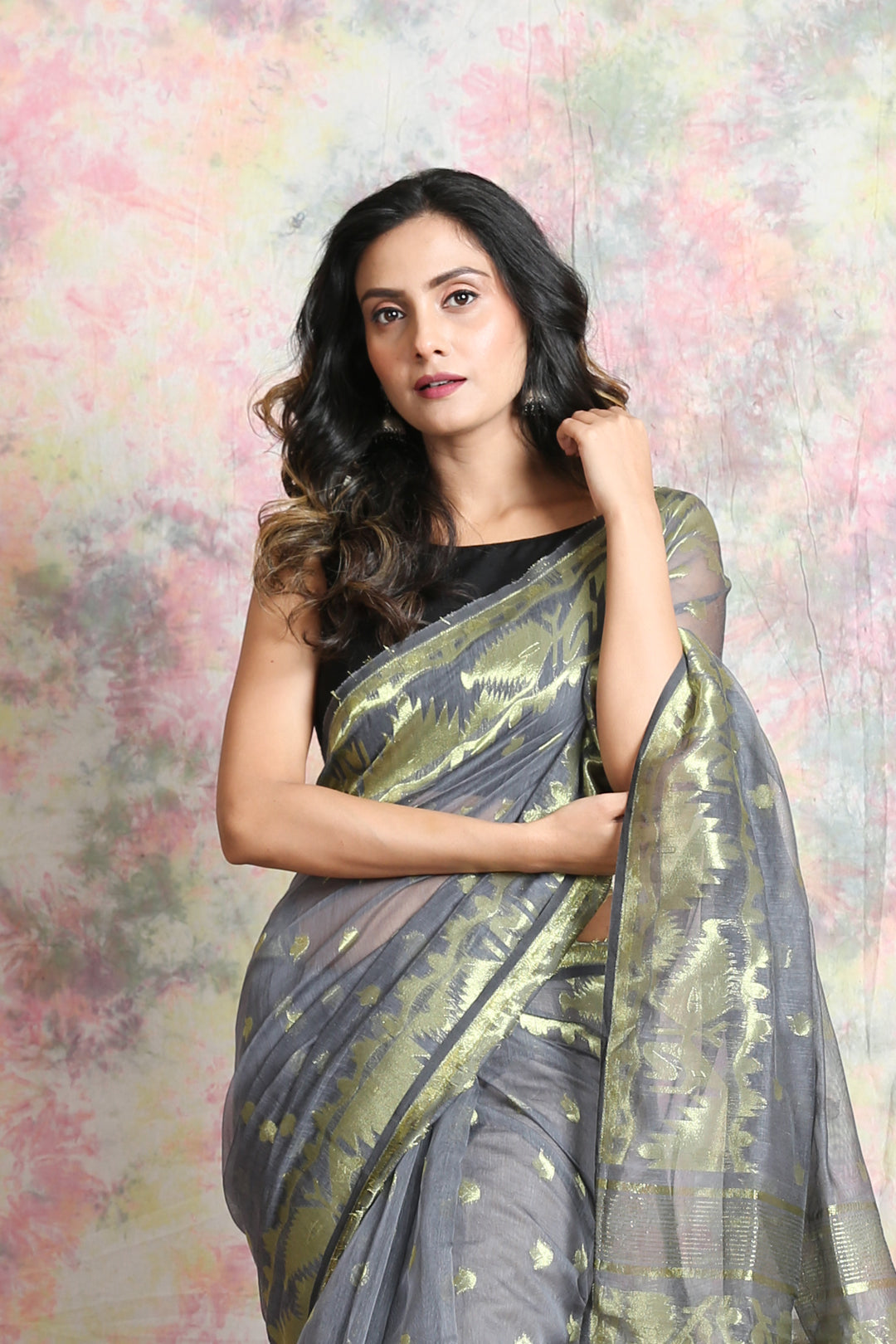 Steel Grey Allover Butta Jamdani Saree freeshipping - Charukriti