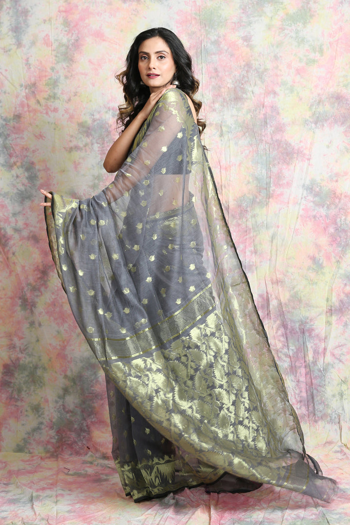 Steel Grey Allover Butta Jamdani Saree freeshipping - Charukriti