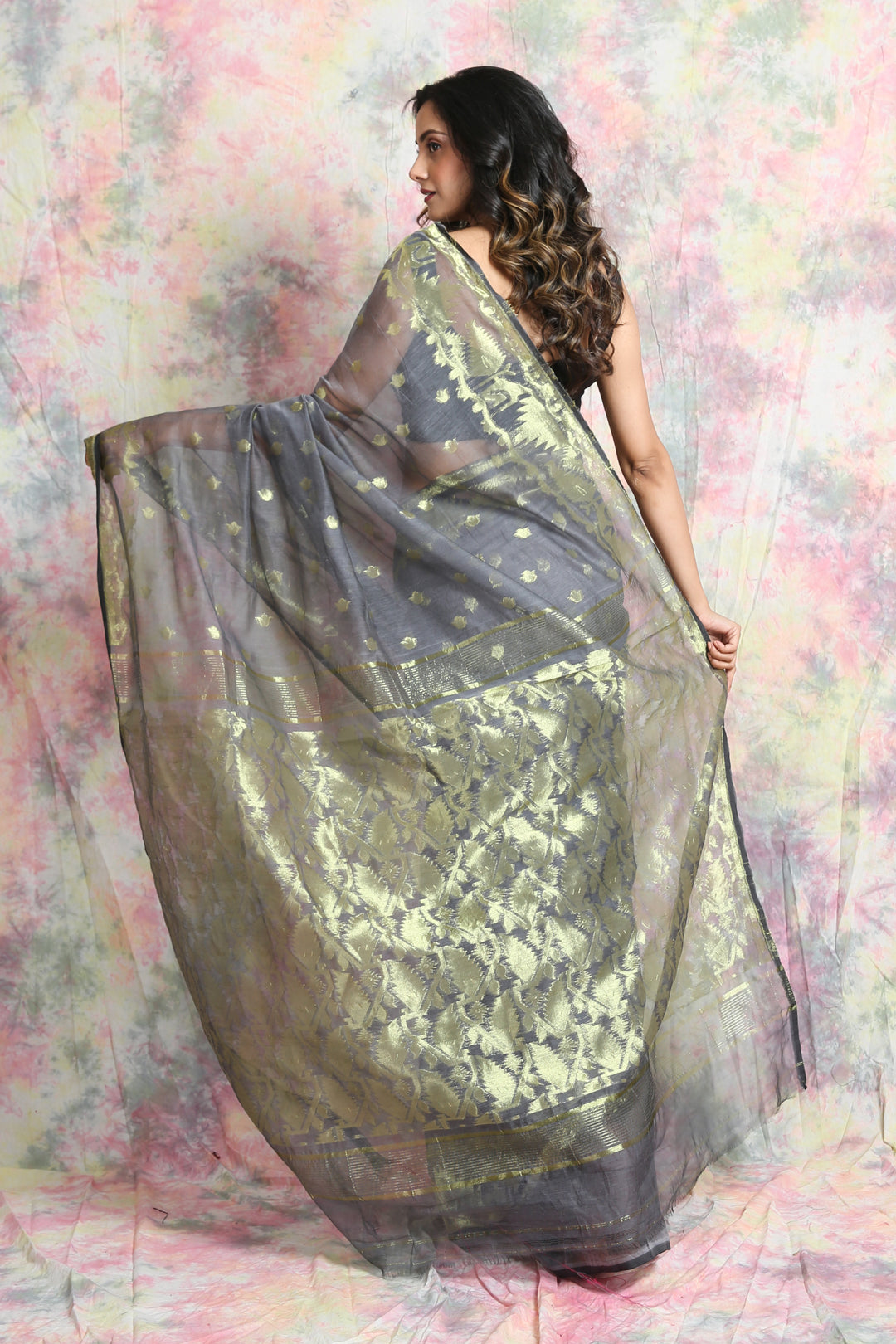 Steel Grey Allover Butta Jamdani Saree freeshipping - Charukriti